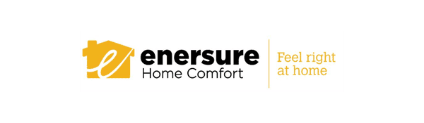 Enersure Home Comfort logo with a yellow house icon and the slogan "Feel right at home" on a white background.