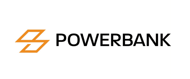 Powerbank logo with an orange geometric symbol to the left of the word "POWERBANK" in black text on a white background.
